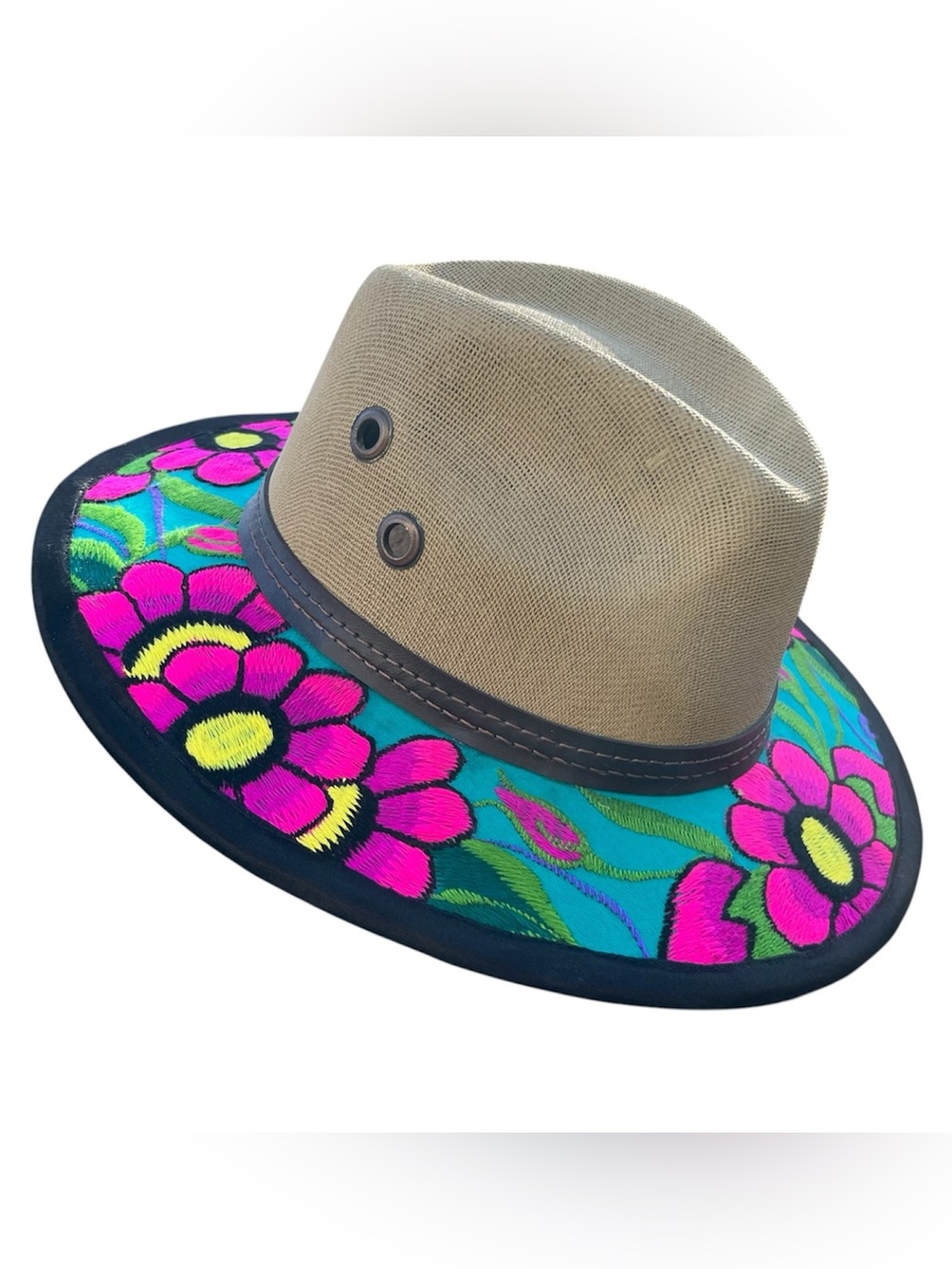 Mexican embroidered sun hat womens Size L Vibrant pink green & yellow